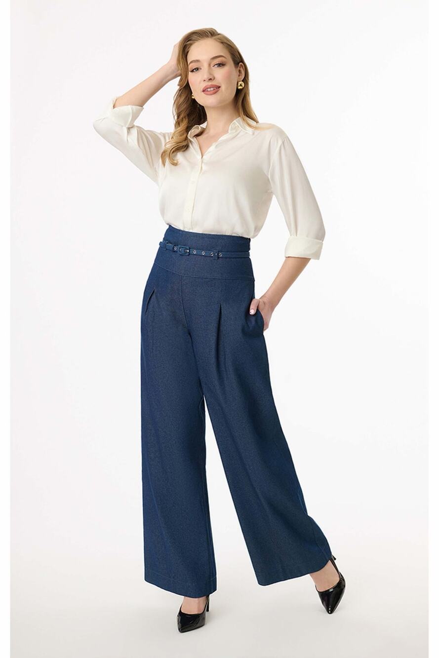 Unique Vintage Wide Leg Pleated Pants Size XL (14) blue Marine High Rise NWT